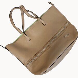 GUESS Beige Brown Green Lined Handbag Hobo Tote Bag Faux Leather Purse XL
